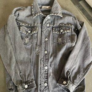 BKE distressed denim gray jacket with silver studs.